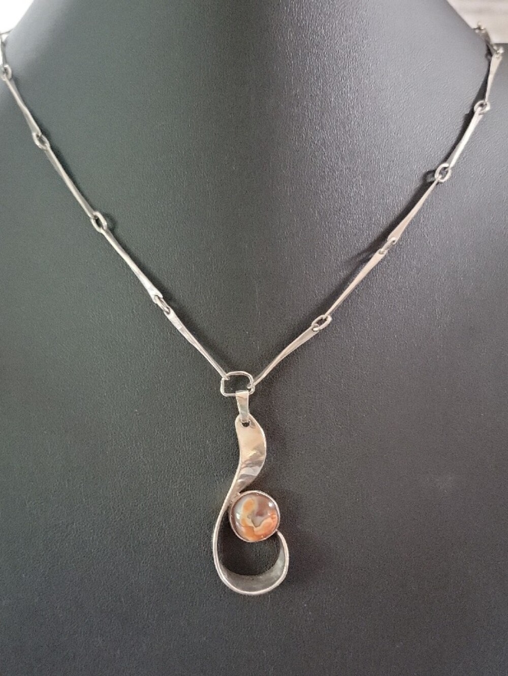 Sterling Silver Swirl Necklace with Pink Jasper By Artisan Felice